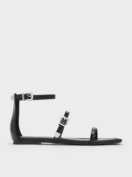 Square-Toe Buckled Triple-Strap Sandals, Black Box, hi-res