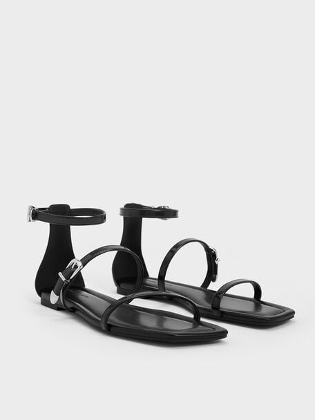 Square-Toe Buckled Triple-Strap Sandals, Black Box, hi-res