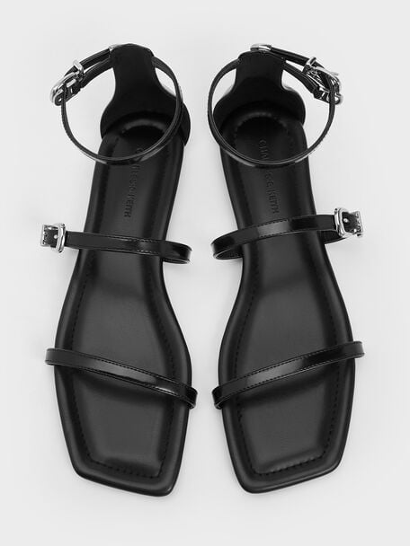 Square-Toe Buckled Triple-Strap Sandals, Black Box, hi-res