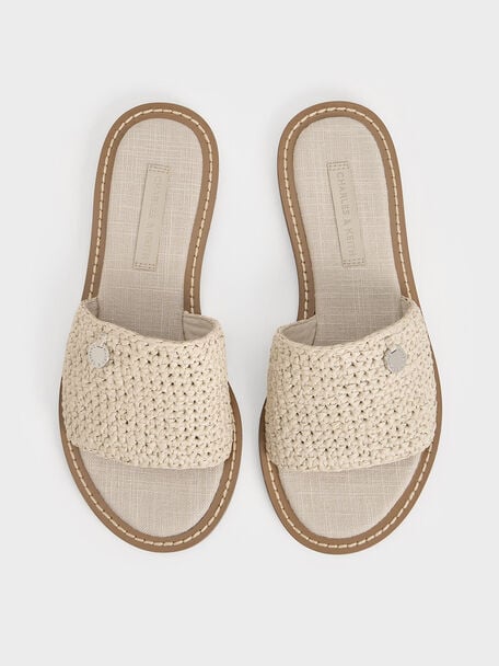 Raffia Woven Slide Sandals, Beige, hi-res