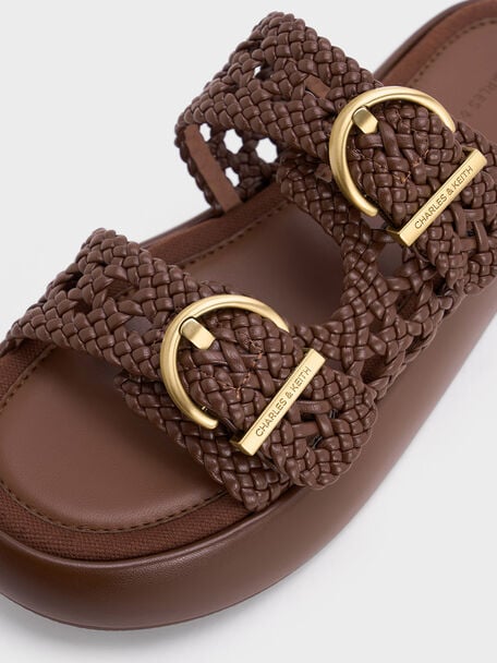 Woven Double-Strap Buckled Sandals, Brown, hi-res